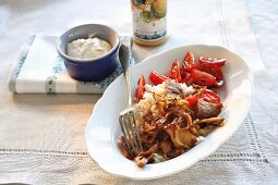 Fried gyro (Greek kebab meat) with rice and peppers