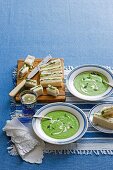 Cold cucumber and dill soup, served with cucumber sandwiches