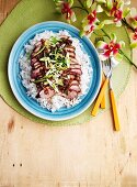 Duck breast with coriander and garlic on a bed of rice (view from above)