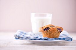 A blueberry muffin and a glass of milk