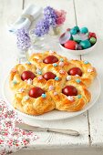 An Easter nest made from yeast-raised dough