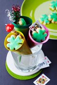 Cones filled with lucky biscuits as gifts