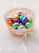 An Easter basket with chocolate eggs