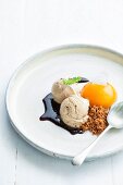 Buchu and rooibos-tea ice cream, and cardamom crumble with peaches