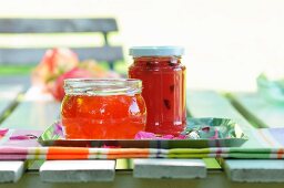 Pink grapefruit jam in two jars