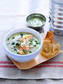 Pea soup with mint and poached salmon