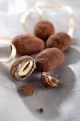 Chocolate-covered nuts coated in cocoa powder