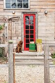 Wrapped presents and dog in front of red exterior door of rustic wooden house
