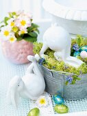 China Easter bunnies and chocolate eggs in and around metal container