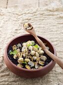 Black beans with Venus clams and coconut milk