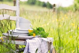 Stacked plates and cups with flowers on a wooden chair in a field in springtime