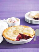 Berry and rhubarb pie with berry ice cream