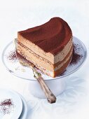 Tiramisu layer cake on a cake stand