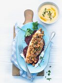 Pike-perch with crabs on red beets