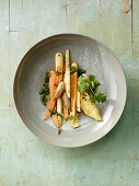Roasted root vegetables with parsley pesto
