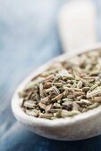 Dried fennel seeds in a deep wooden spoon on a blue background