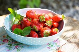 Erdbeeren in einer Schüssel auf Gartentisch