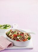 Macaroni with sausage, peppers and feta