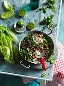 Fried minced beef with rice, spring onions, green chillis and coriander