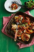 Oven-baked chicken breast with pumpkin, Pancetta and sage