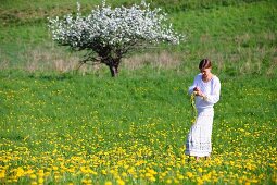 Woman making dandelion wreath in the field