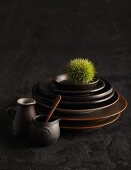 Dark brown ceramic crockery with a chestnut in its prickly case