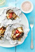 Eggplant with goat’s cheese and tomatoes grilled in foil
