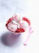 A bowl of strawberry ice cream with fresh strawberry