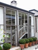 Potted box bushes in front of modern facade with large areas of glass