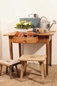 Clay flower pots in open drawer and spring flowers next to watering can on simple wooden table; footstools on wooden floor in foreground