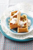 Waffles with banana, passion fruit and ginger foam