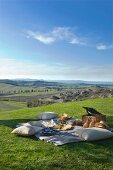 Picnic in meadow with view across Mediterranean, Tuscan landscape