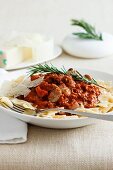 Farfalle with lamb and mushroom ragout and rosemary