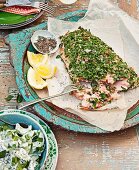 Tahini and tabouli salmon with chunky tzatziki salad