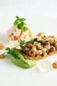 Shrimps on toast and crab salad with pea purée