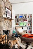 Seating area with armchair, ottoman, cowhide rug and white fitted shelves in front of rustic, stone chimney breast; dog in foreground