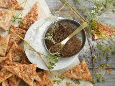 Caraway crackers with sea salt, caraway and caraway plants