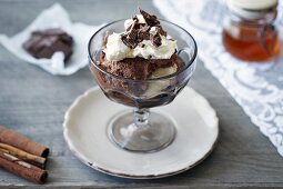 Chocolate ice cream sundae with brownies and whipped cream