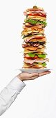Person holding stack of sandwiches