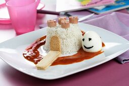 Rice fortress with tomato sauce and an egg