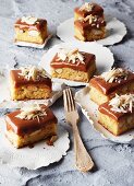 Slices of Brazil nut cake with chocolate caramel topping