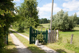 Branches in vintage milk can in front of green gates leading to drive