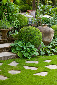 Stone flags in lawn in front of steps and various plants amongst box balls