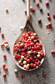 Colourful peppercorns on a spoon (view from above)