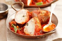 Turkey breast stuffed with feta and sage, in tomato sauce