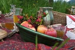 Fresh apples and sprigs of blossoms in a green ceramic bowl on a picnic rug