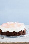 A Flourless Chocolate Cake with Topped with Whipped Cream and Rose Petals