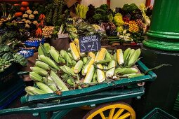Corn cobs and vegetables at the market