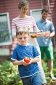 Boy holding apple with parents in background