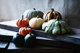 Assorted types of squash on a wooden board